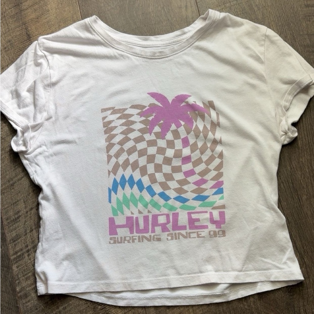 Hurley White and Pink Crop Top with Graphic Design